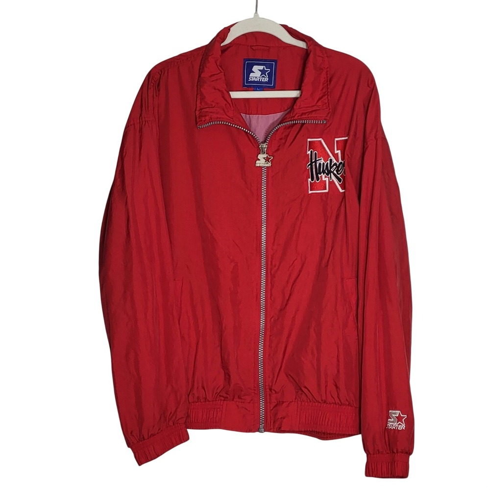 Starter Mens Nebraska Huskers Windbreaker Jacket Vintage 90s Red Nylon Large